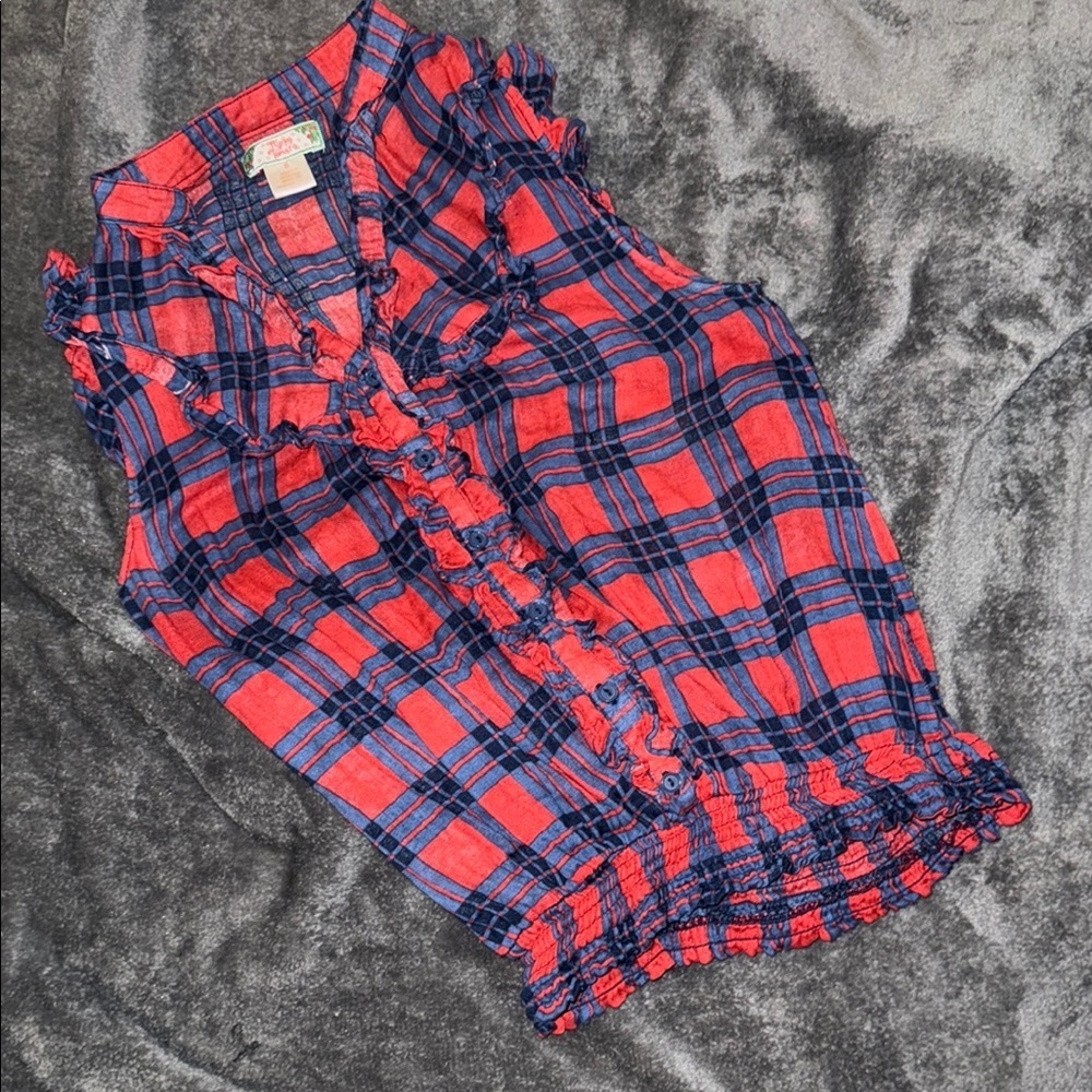 Red and Blue Plaid Ruffled Flying Tomato Top S